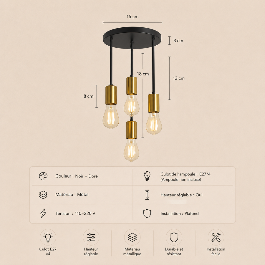Plafonnier Ampoules Verre Ambré et Métal Noir Mat - Salle de Bain Salon Chambre — Gloire