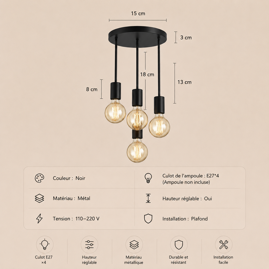 Plafonnier Ampoules Verre Ambré et Métal Noir Mat - Salle de Bain Salon Chambre — Gloire