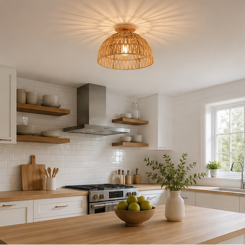 Plafonnier Dôme Rotin Tressé Éclats Lumineux - Salon Chambre Salle à Manger — Capella