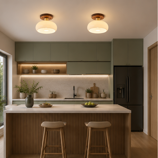 Plafonnier Dôme Verre Opalin et Bois Noyer - Salon Chambre Salle à Manger — Calotte