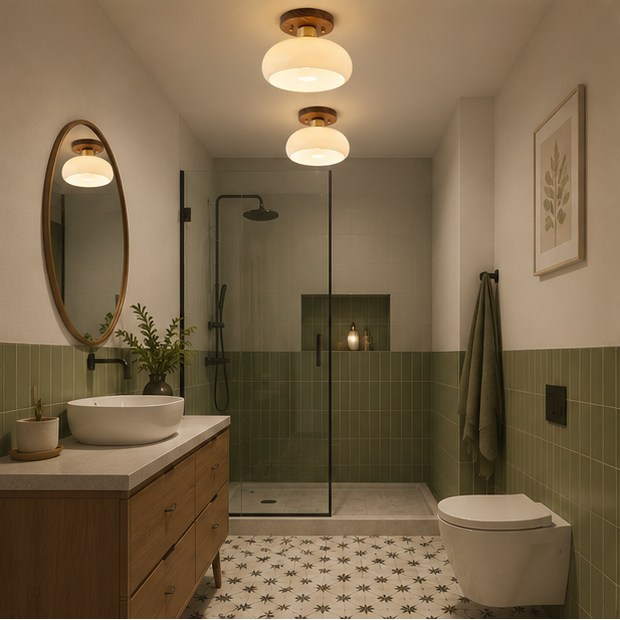 Plafonnier Dôme Verre Opalin et Bois Noyer - Salon Chambre Salle à Manger — Calotte