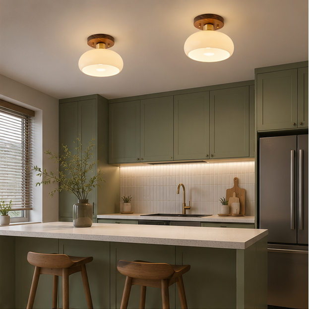 Plafonnier Dôme Verre Opalin et Bois Noyer - Salon Chambre Salle à Manger — Calotte