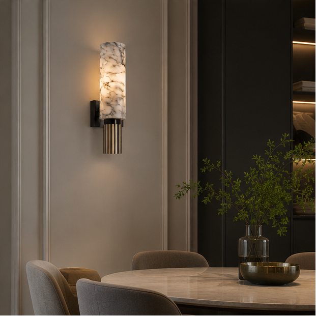 Applique Murale Cylindre Marbre Blanc et Métal Noir Noire - Chambre Salle de Bain Salon — Acrux