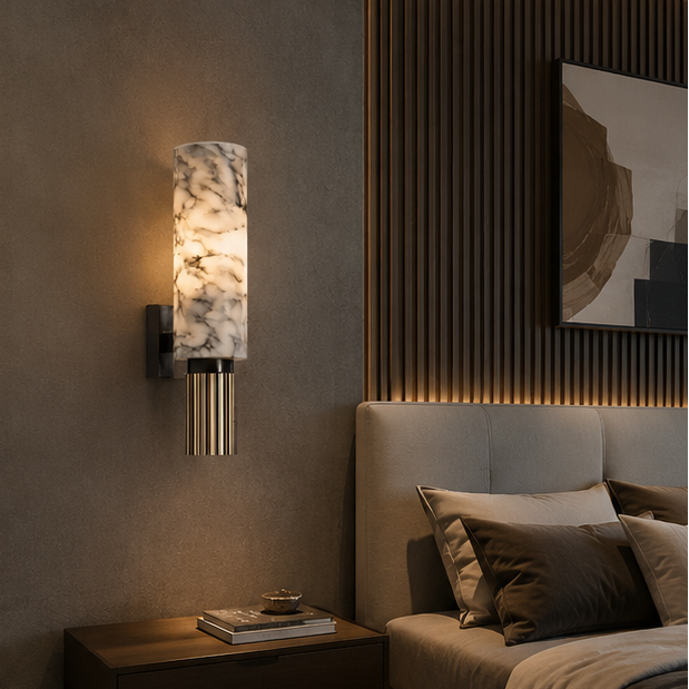 Applique Murale Cylindre Marbre Blanc et Métal Noir Noire - Chambre Salle de Bain Salon — Acrux