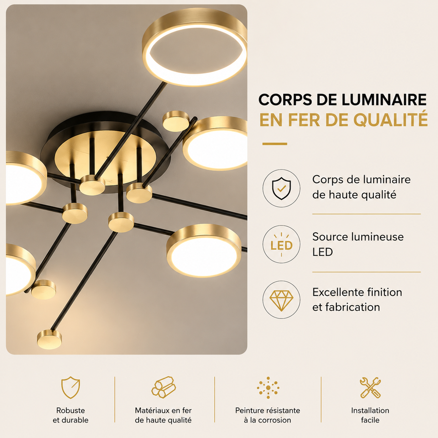 Lustre Plafonnier Anneaux Métal Noir et Laiton Épuré Design - Salon Salle à Manger — Soleo