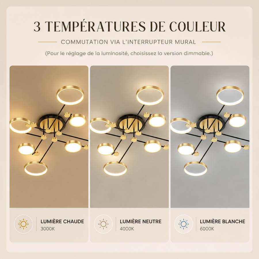 Lustre Plafonnier Anneaux Métal Noir et Laiton Épuré Design - Salon Salle à Manger — Soleo