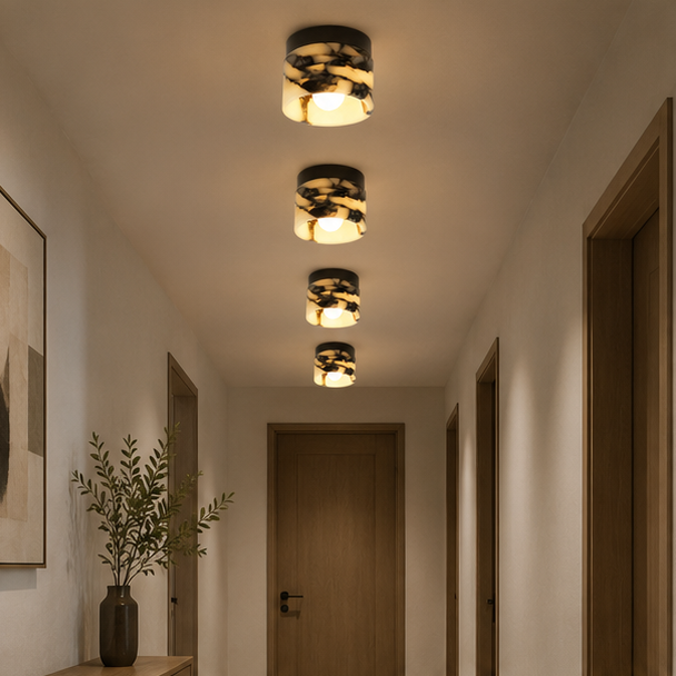 Plafonnier Cylindre Marbre Blanc et Métal Noir - Salle de Bain Salon Chambre — Voile