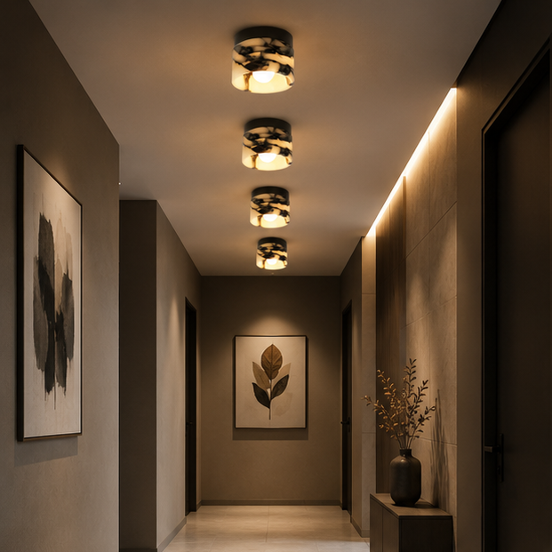 Plafonnier Cylindre Marbre Blanc et Métal Noir - Salle de Bain Salon Chambre — Voile