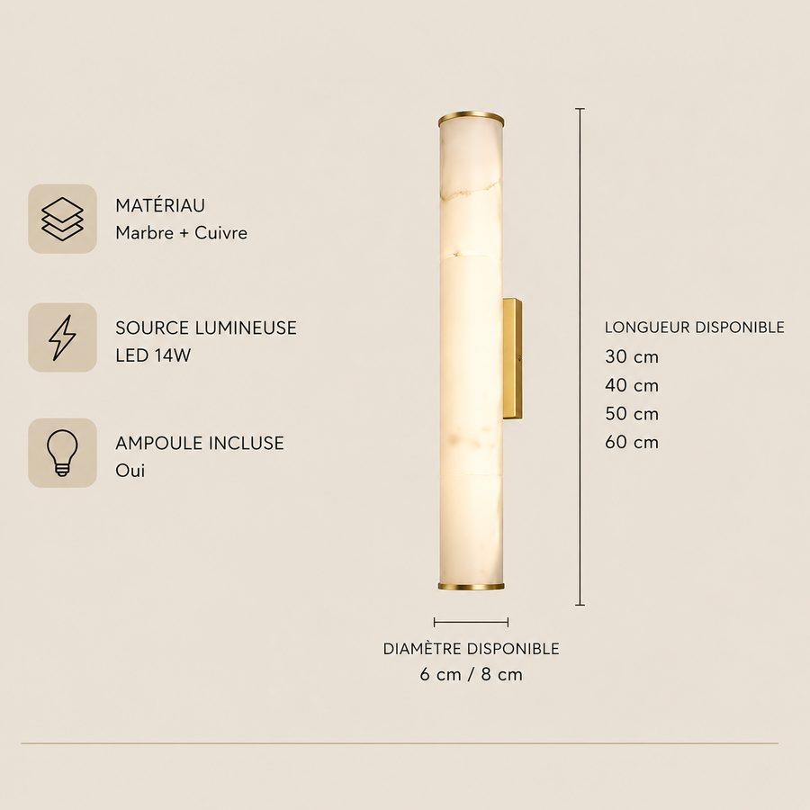 Applique Murale Cylindre Onyx Blanc et Laiton - Chambre Salle de Bain Salon — Altair