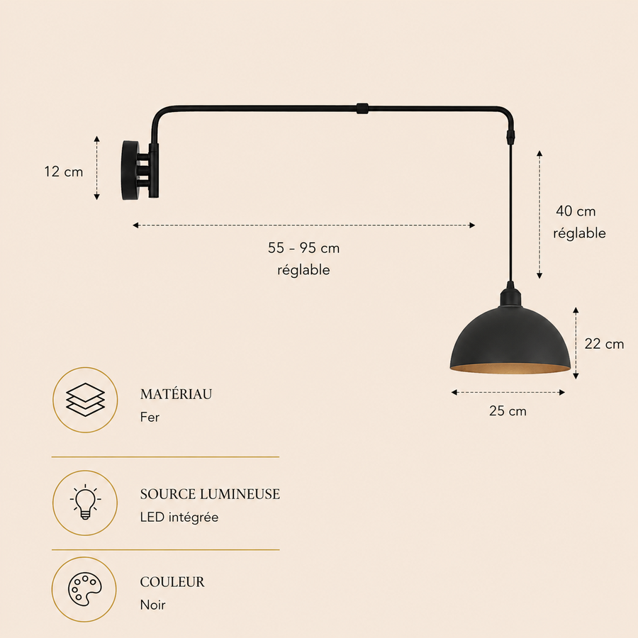 Applique Murale Bras Articulé Acier Noir Minimaliste Design Moderne Noire - Chambre Salle de Bain Salon — Calor