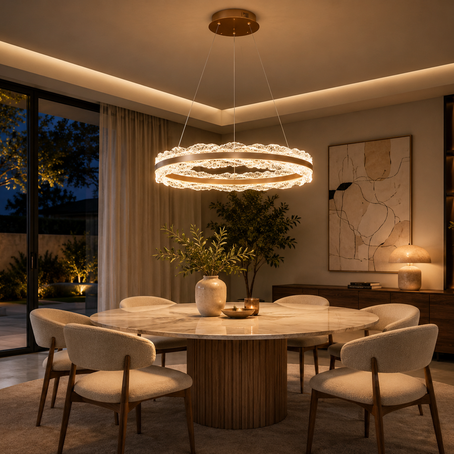 Lustre Suspension Anneaux Cristal Texturé et Métal Doré - Salon Salle à Manger — Arcus