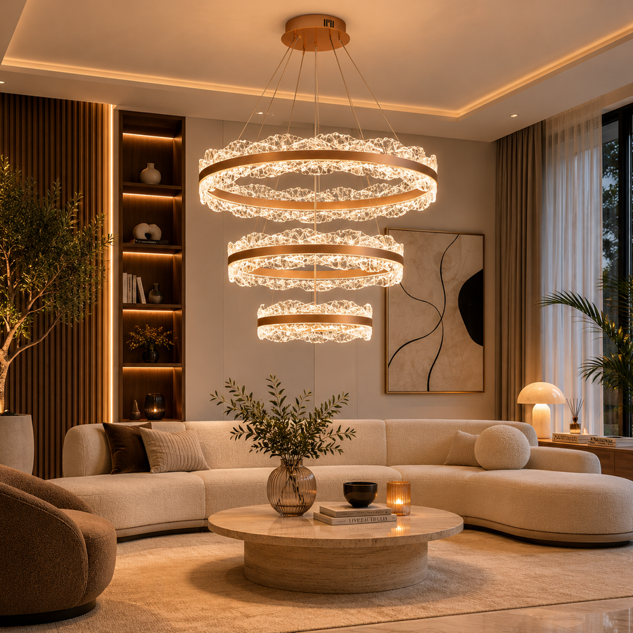 Lustre Suspension Anneaux Cristal Texturé et Métal Doré - Salon Salle à Manger — Arcus