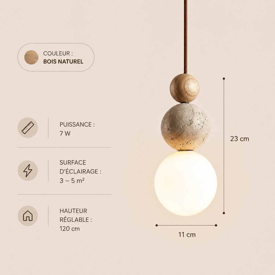 Suspension Sphère Béton Brut et Bois Naturel Boule - Cuisine Chambre Salon — Lyra