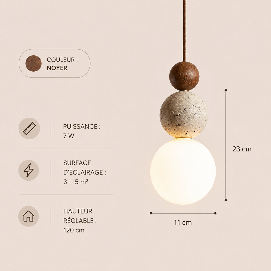 Suspension Sphère Béton Brut et Bois Naturel Boule - Cuisine Chambre Salon — Lyra
