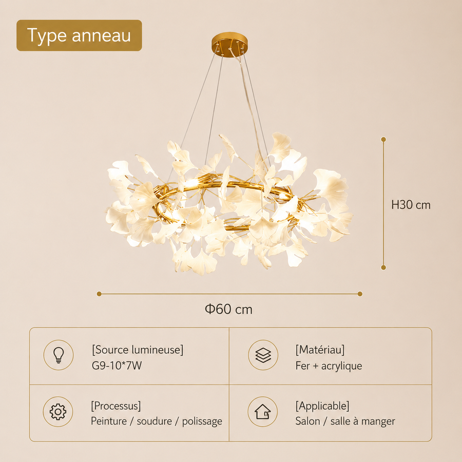 Lustre Suspension Feuillage Métal Doré et Blanc Éclatant - Salon Salle à Manger — Folium
