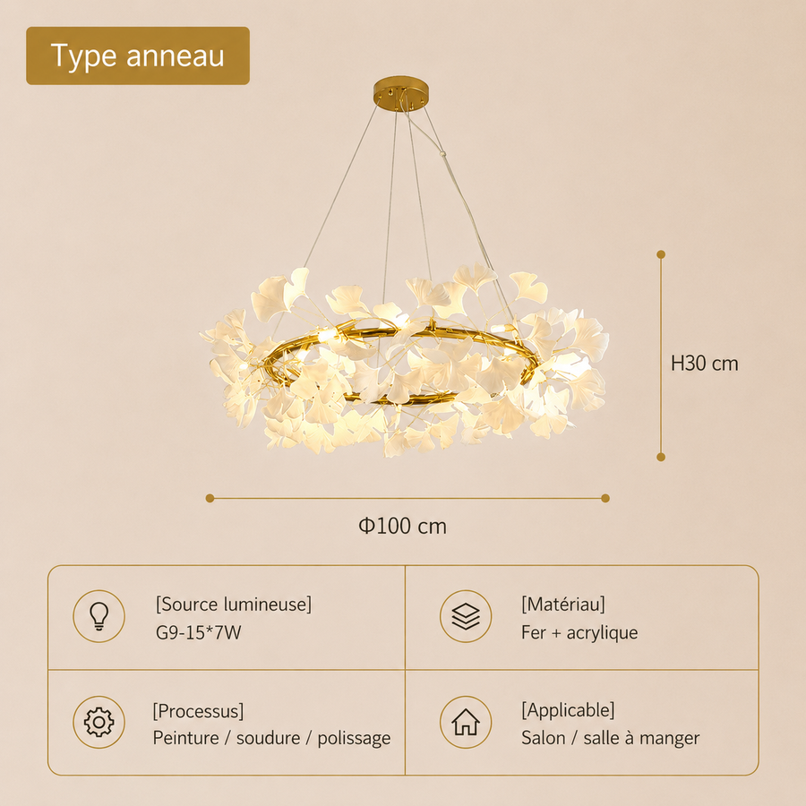 Lustre Suspension Feuillage Métal Doré et Blanc Éclatant - Salon Salle à Manger — Folium