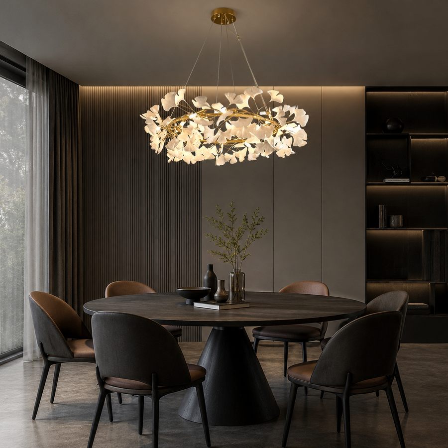 Lustre Suspension Feuillage Métal Doré et Blanc Éclatant - Salon Salle à Manger — Folium