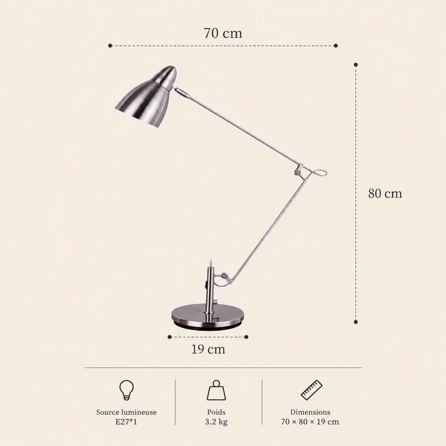Lampe de Table Bras Articulé Acier Brossé Minimaliste Design - Chambre Bureau Salon — Aura