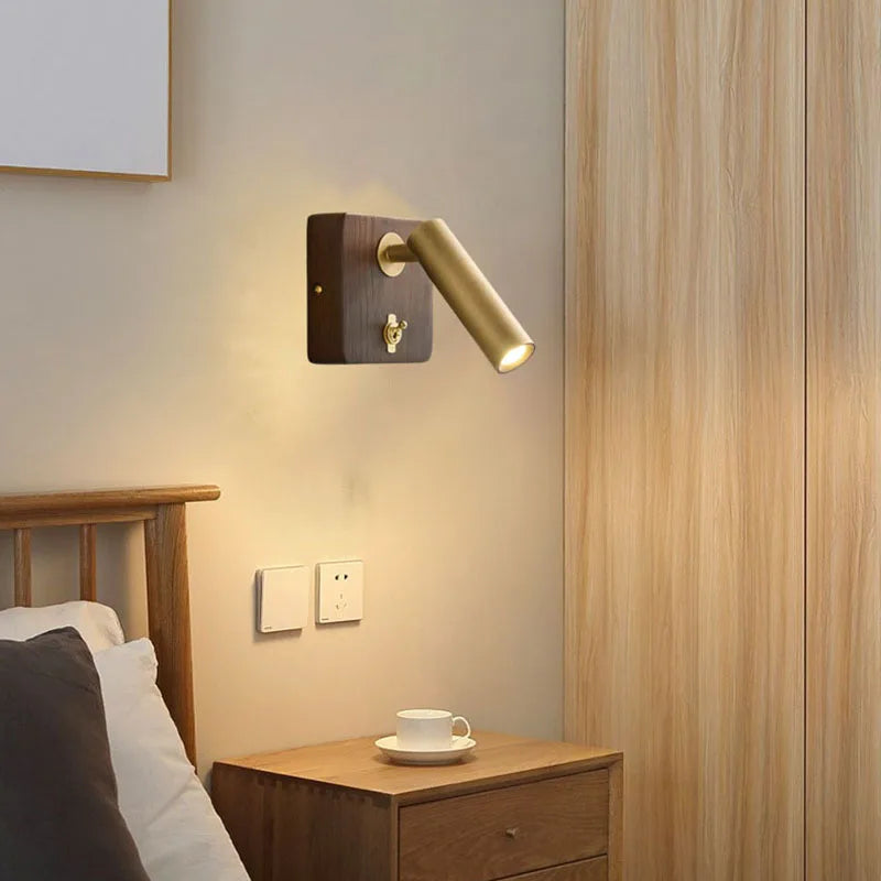 Applique Murale Cylindre Laiton et Bois Noyer Épuré Design Moderne - Chambre Salle de Bain Salon — Prisme