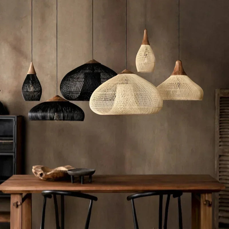 Suspension Goutte Rotin Noir et Bois Naturel - Cuisine Chambre Salon — Drops
