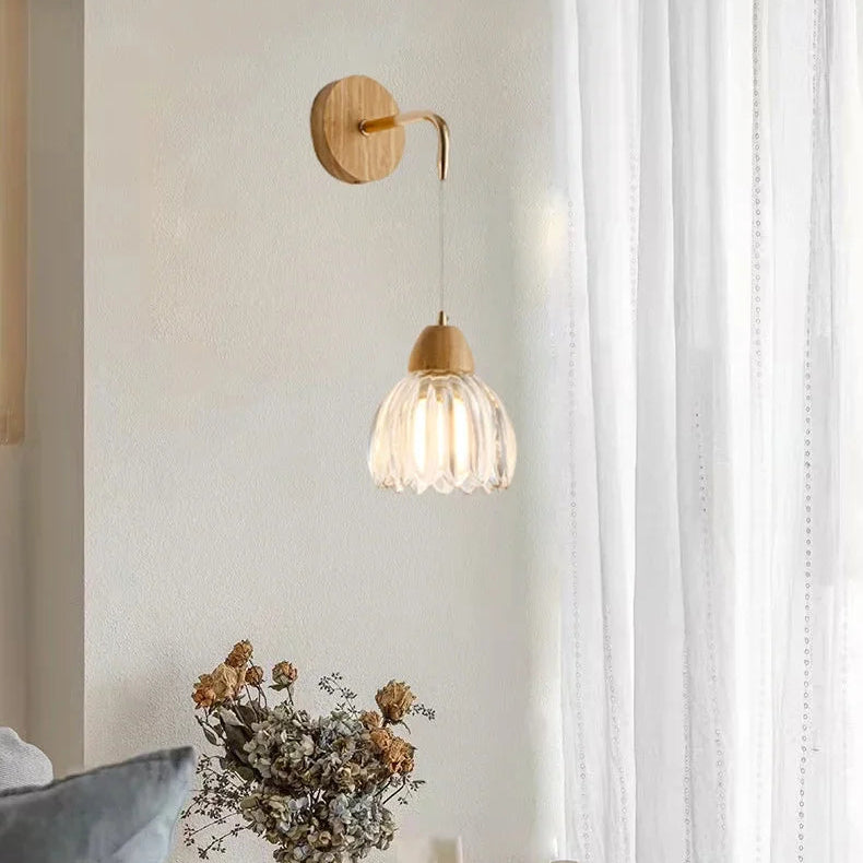 Suspension Cloche Verre Transparent et Bois Naturel - Cuisine Chambre Salon — Campanio