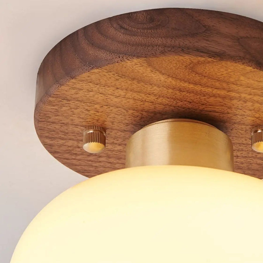 Plafonnier Dôme Verre Opalin et Bois Noyer - Salon Chambre Salle à Manger — Calotte