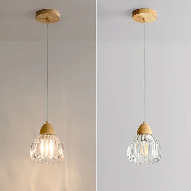 Suspension Cloche Verre Transparent et Bois Naturel - Cuisine Chambre Salon — Campanio