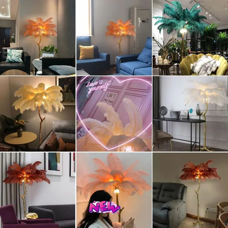 Lampadaire Plumes Blanches et Métal Doré Art Déco - Salon Bureau Chambre — Aigrette