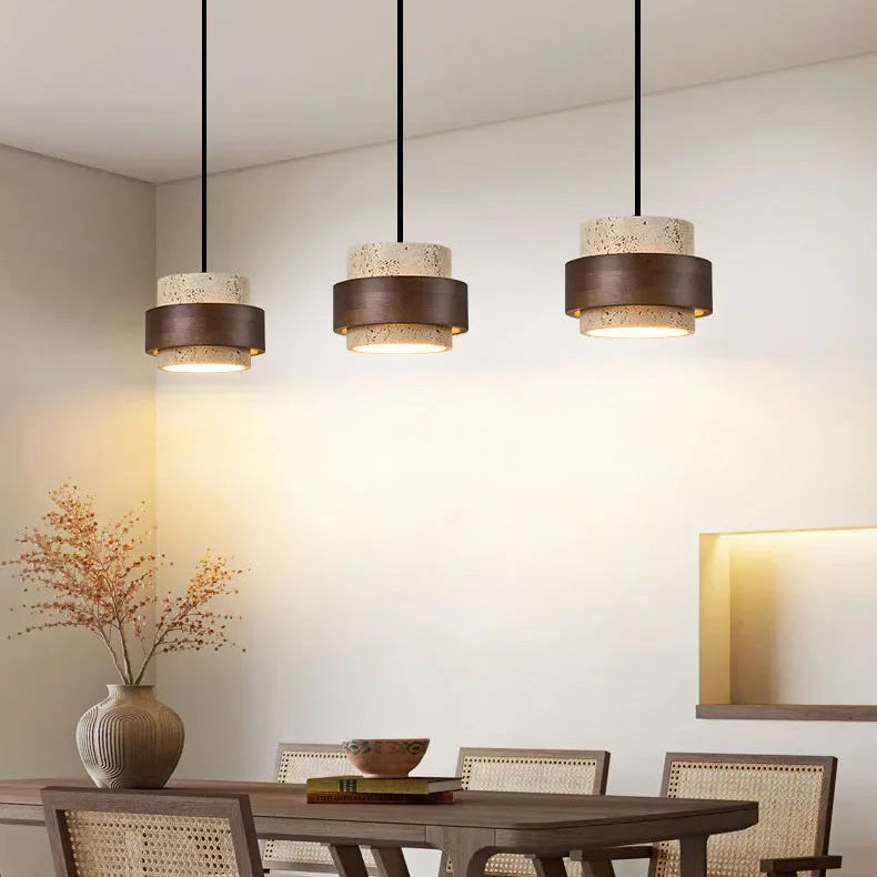 Suspension Cylindre Bois Foncé et Béton Brut - Chambre Salon Cuisine — Fuseau