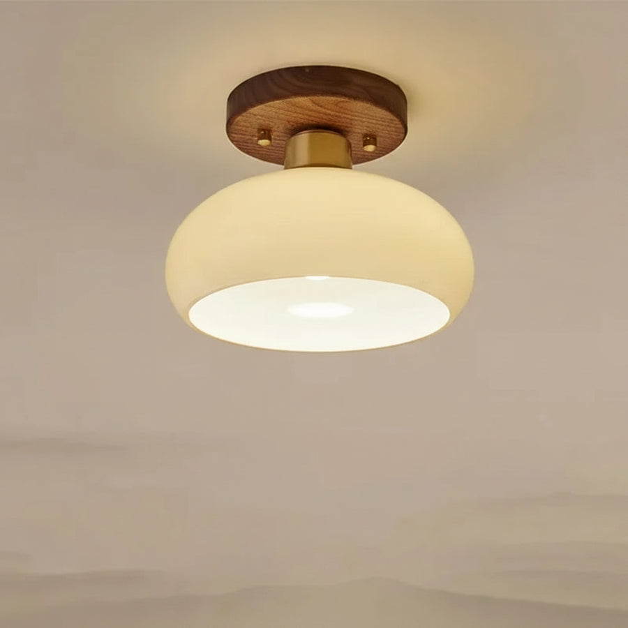 Plafonnier Dôme Verre Opalin et Bois Noyer - Salon Chambre Salle à Manger — Calotte