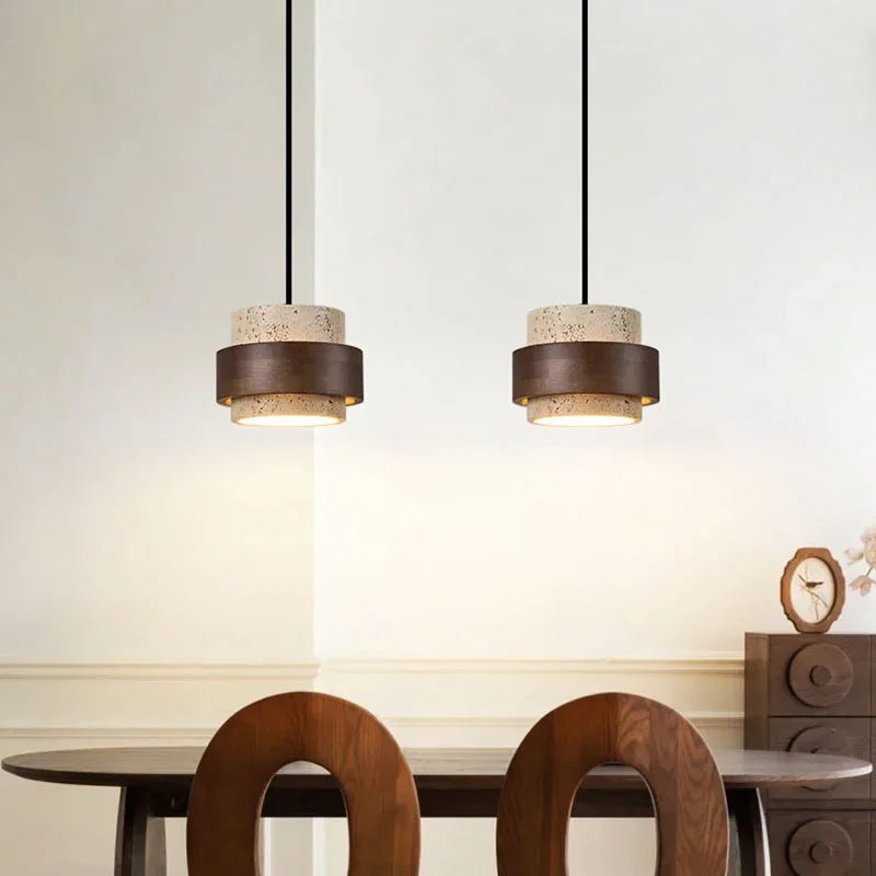 Suspension Cylindre Bois Foncé et Béton Brut - Chambre Salon Cuisine — Fuseau