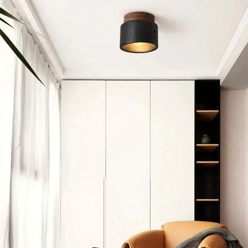 Plafonnier Cylindre Béton Noir et Bois Naturel - Salon Chambre Salle à Manger — Mimosa