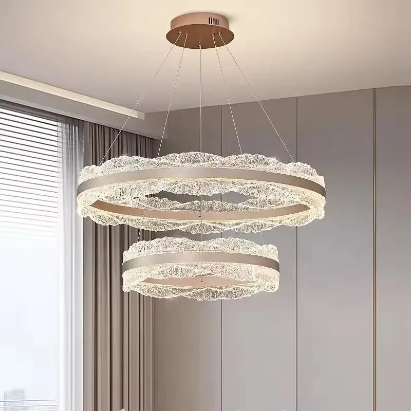 Lustre Suspension Anneaux Cristal Texturé et Métal Doré - Salon Salle à Manger — Arcus