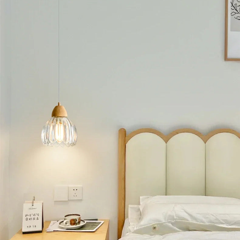 Suspension Cloche Verre Transparent et Bois Naturel - Cuisine Chambre Salon — Campanio