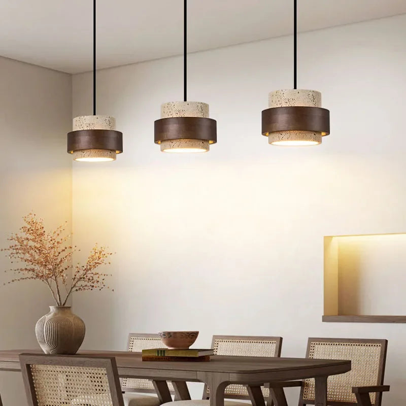 Suspension Cylindre Bois Foncé et Béton Brut - Chambre Salon Cuisine — Fuseau