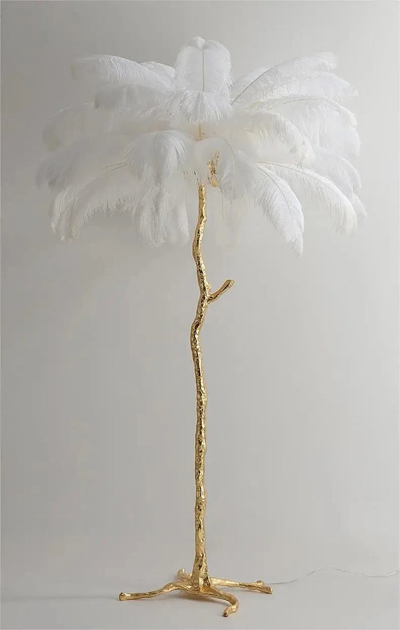 Lampadaire Feuillage Plumes Blanches et Métal Doré Art Déco - Salon Bureau Chambre — Folium