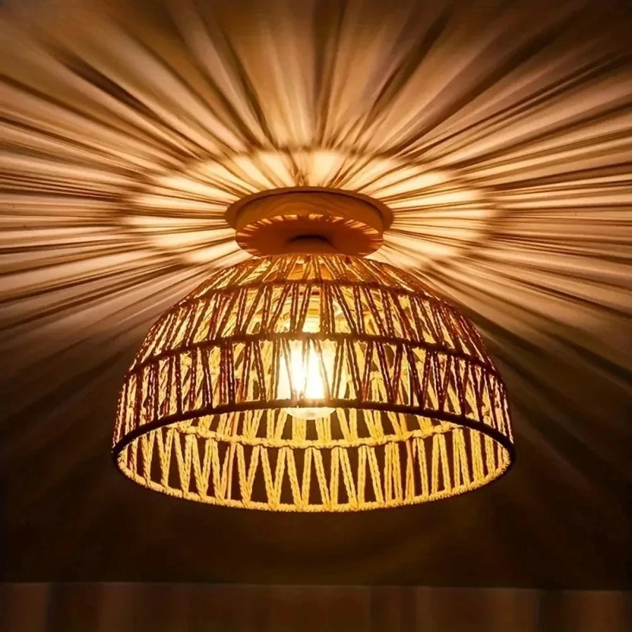 Plafonnier Dôme Rotin Tressé Éclats Lumineux - Salon Chambre Salle à Manger — Capella