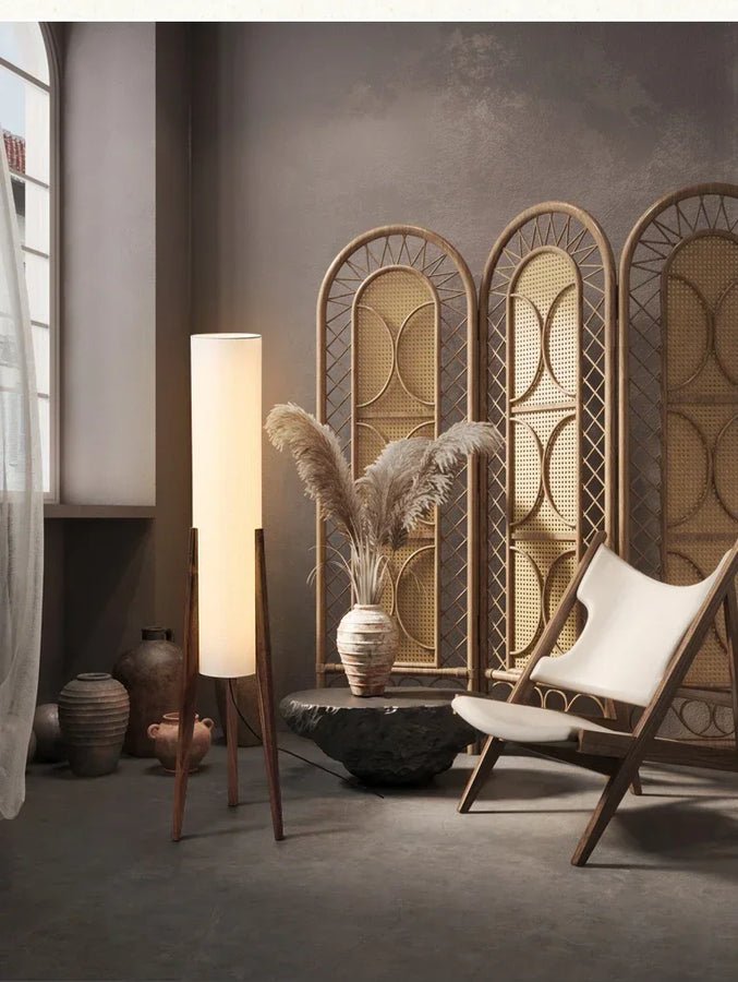 Lampadaire Cylindre Tissu Blanc et Bois Naturel - Salon Bureau Chambre — Canna