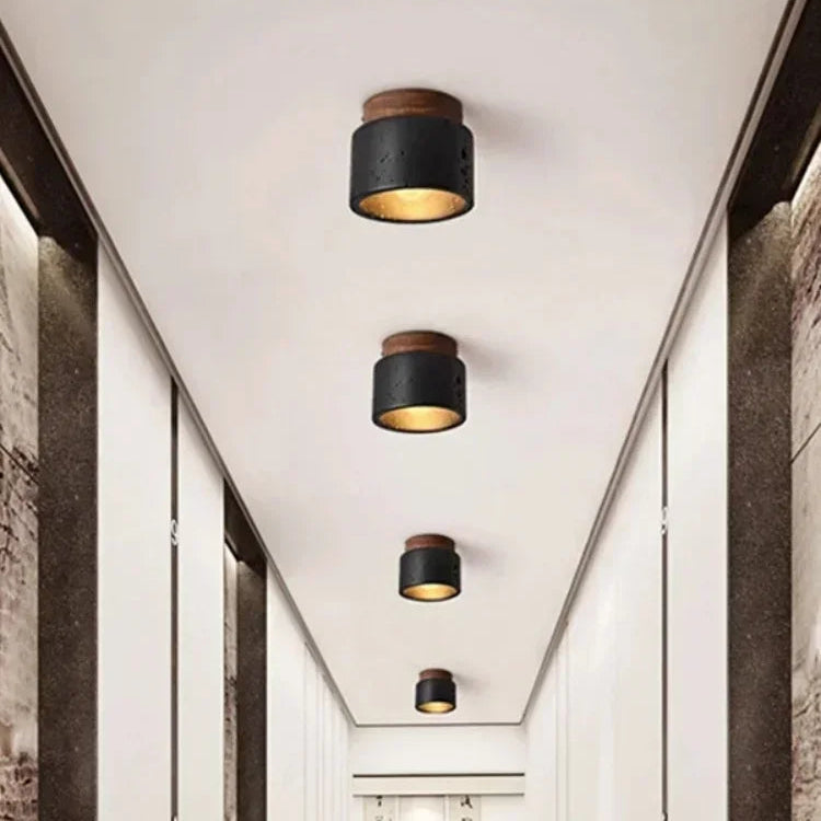 Plafonnier Cylindre Béton Noir et Bois Naturel - Salon Chambre Salle à Manger — Mimosa