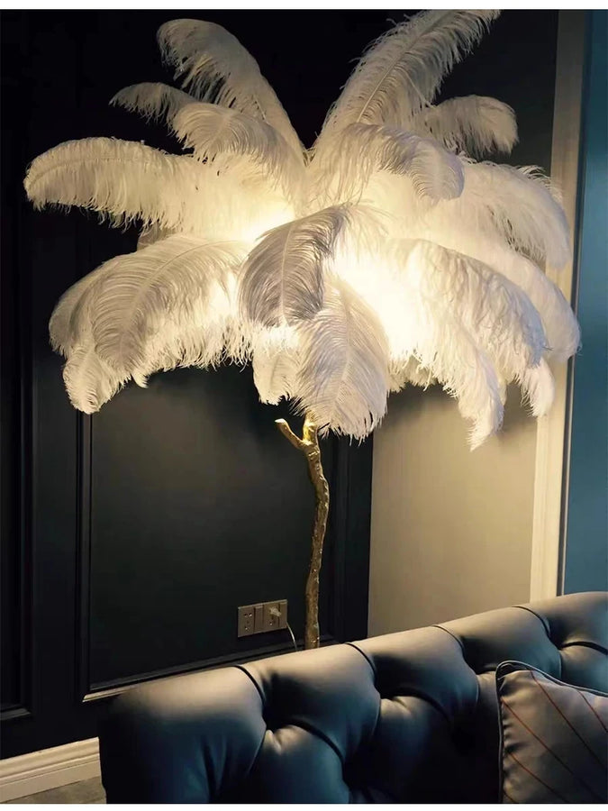 Lampadaire Feuillage Plumes Crème et Métal Doré - Salon Bureau Chambre — Folia