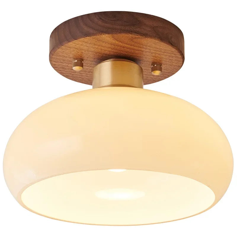 Plafonnier Dôme Verre Opalin et Bois Noyer - Salon Chambre Salle à Manger — Calotte