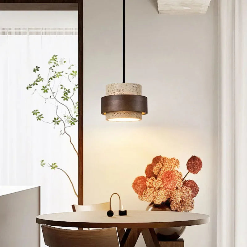 Suspension Cylindre Bois Foncé et Béton Brut - Chambre Salon Cuisine — Fuseau