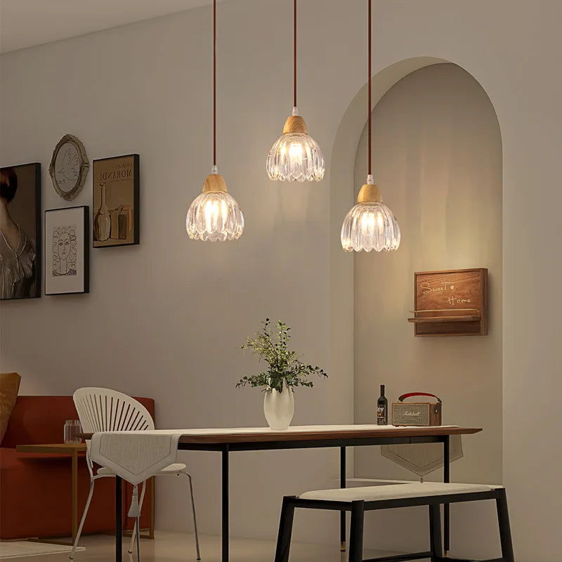 Suspension Cloche Verre Transparent et Bois Naturel - Cuisine Chambre Salon — Campanio