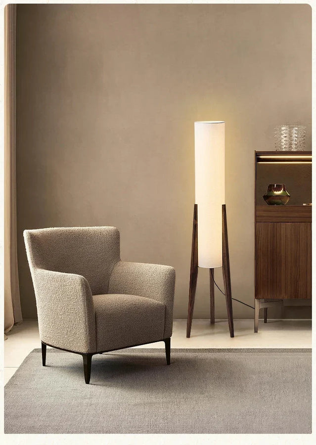 Lampadaire Cylindre Tissu Blanc et Bois Naturel - Salon Bureau Chambre — Canna