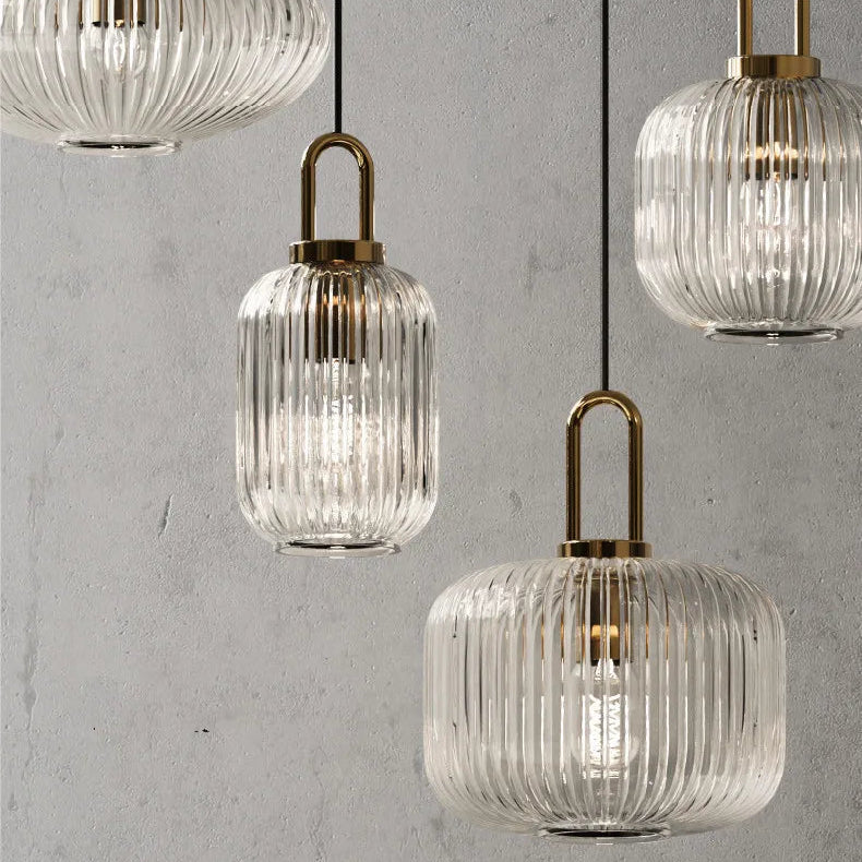 Suspension Cylindre Verre Strié et Laiton Doré - Chambre Salon Cuisine — Presto