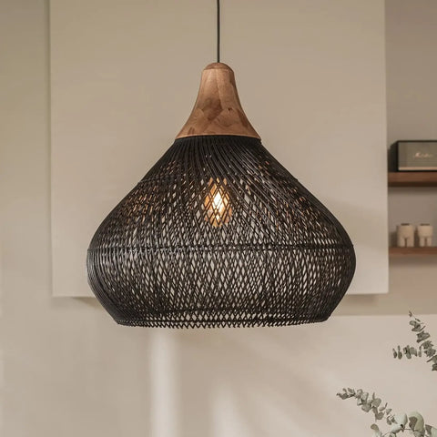 Suspension Goutte Rotin Noir et Bois Naturel - Cuisine Chambre Salon — Drops