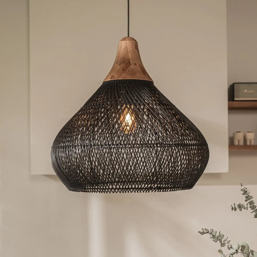 Suspension Goutte Rotin Noir et Bois Naturel - Cuisine Chambre Salon — Drops