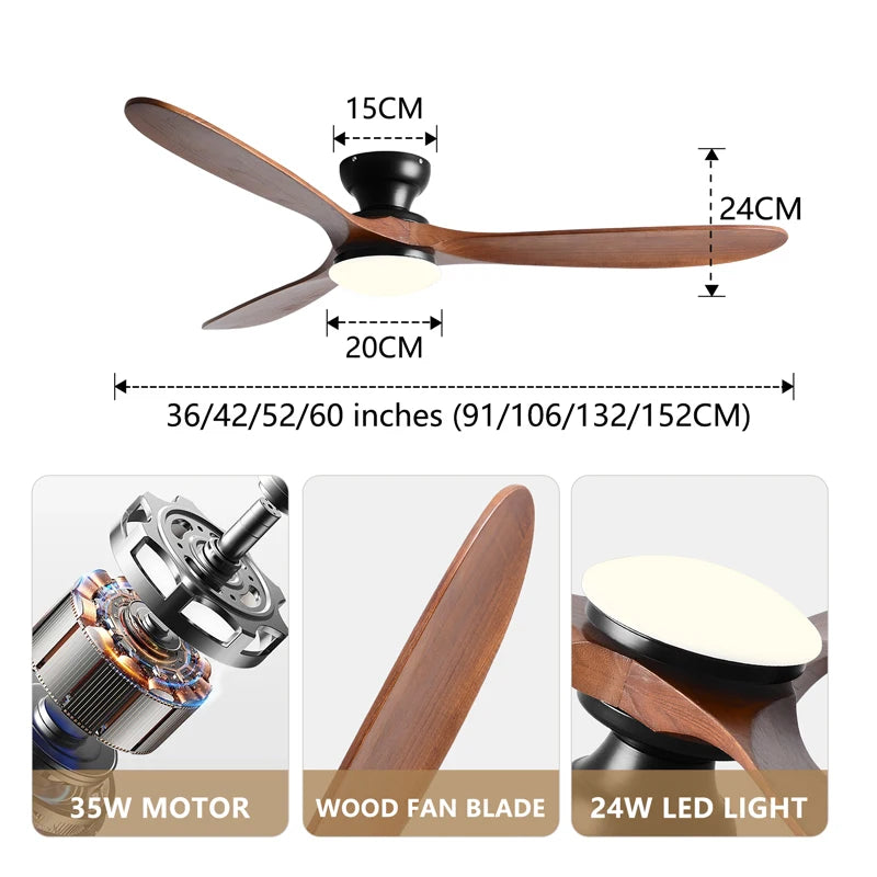Ventilateur de Plafond Bois Massif avec Éclairage LED