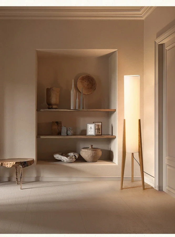 Lampadaire Cylindre Tissu Blanc et Bois Naturel - Salon Bureau Chambre — Canna