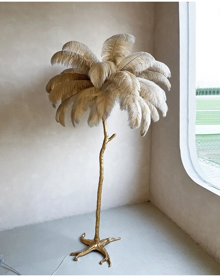 Lampadaire Feuillage Plumes Blanches et Métal Doré Art Déco - Salon Bureau Chambre — Folium